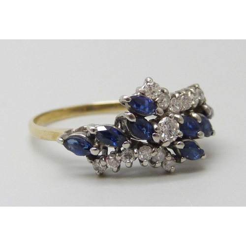 7023 - A vintage gold, sapphire and diamond cluster ring,  hallmarks worn but crown visible, 2.6g, R