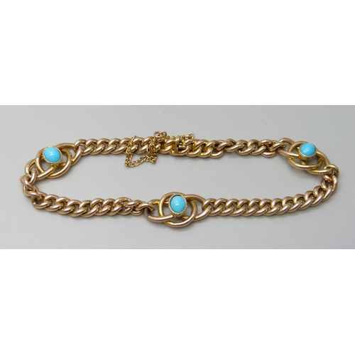 7036 - A 15ct gold cabochon turquoise set curb link bracelet, 9.8g, 18.5cm