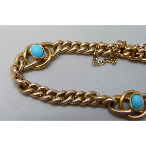 7036 - A 15ct gold cabochon turquoise set curb link bracelet, 9.8g, 18.5cm