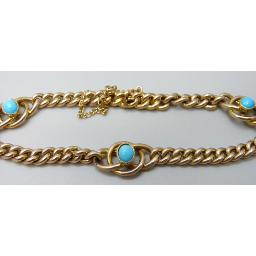 7036 - A 15ct gold cabochon turquoise set curb link bracelet, 9.8g, 18.5cm