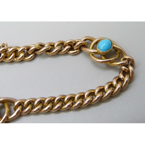 7036 - A 15ct gold cabochon turquoise set curb link bracelet, 9.8g, 18.5cm