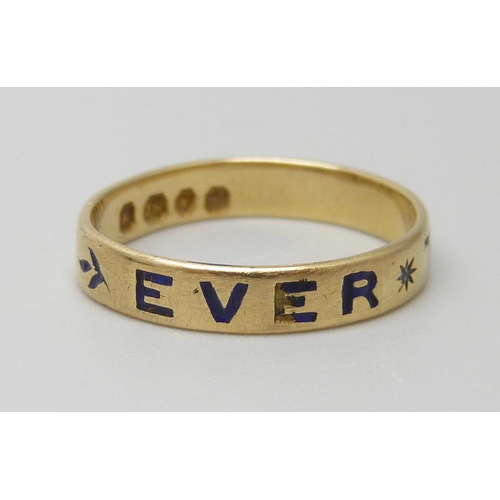 7037 - A Georgian 18ct gold and enamel mourning ring, 'Ever Thine', London 1765, 2.3g, L