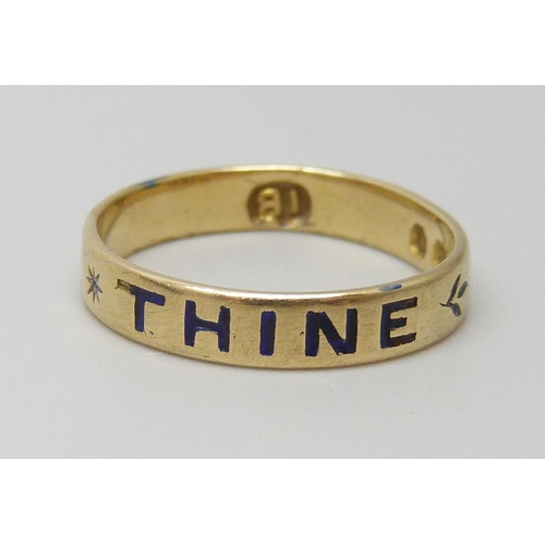 7037 - A Georgian 18ct gold and enamel mourning ring, 'Ever Thine', London 1765, 2.3g, L