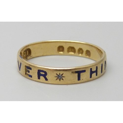 7037 - A Georgian 18ct gold and enamel mourning ring, 'Ever Thine', London 1765, 2.3g, L