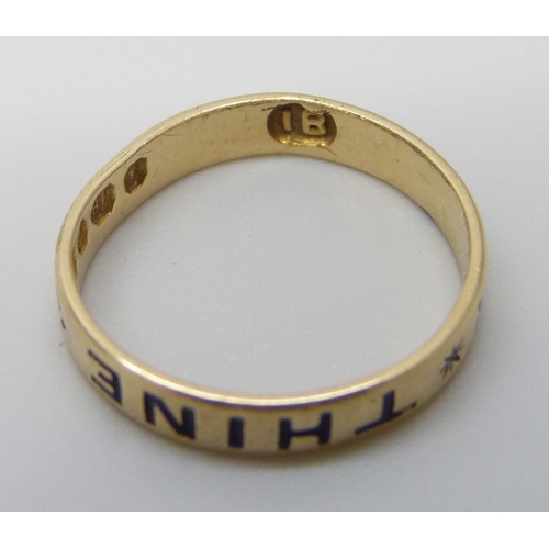 7037 - A Georgian 18ct gold and enamel mourning ring, 'Ever Thine', London 1765, 2.3g, L