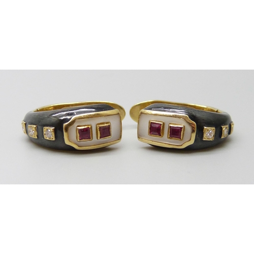 7040 - A pair of 18ct gold, ruby, diamond, mother of pearl and enamel designer earrings, signed Larry, 7g, ... 