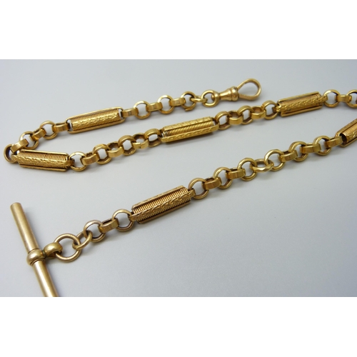 7046 - A 9ct gold fancy link Albert chain with clip and T-bar, 30.5g, 36cm