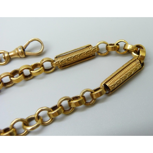 7046 - A 9ct gold fancy link Albert chain with clip and T-bar, 30.5g, 36cm