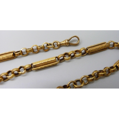 7046 - A 9ct gold fancy link Albert chain with clip and T-bar, 30.5g, 36cm