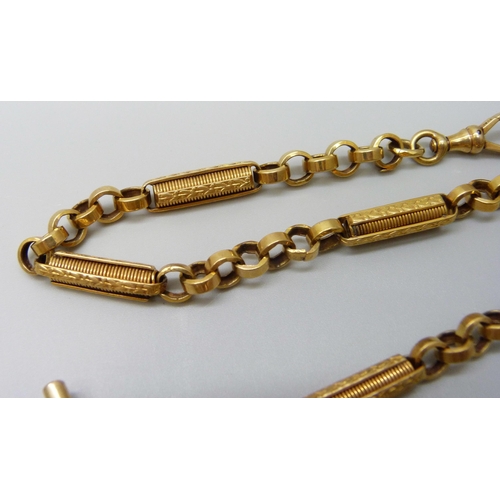 7046 - A 9ct gold fancy link Albert chain with clip and T-bar, 30.5g, 36cm