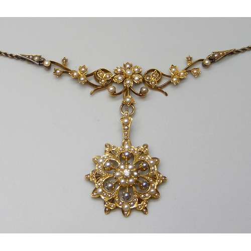 7049 - An early 20th Century 15ct gold, pearl and diamond set necklace, 16.2g, 39.5cm