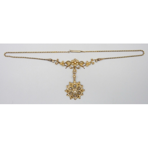 7049 - An early 20th Century 15ct gold, pearl and diamond set necklace, 16.2g, 39.5cm