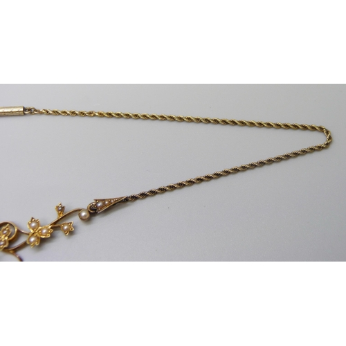 7049 - An early 20th Century 15ct gold, pearl and diamond set necklace, 16.2g, 39.5cm