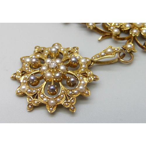 7049 - An early 20th Century 15ct gold, pearl and diamond set necklace, 16.2g, 39.5cm