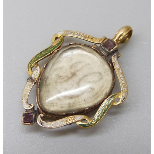 7067 - A Georgian yellow metal set enamel and garnet mourning pendant, enamel a/f, circa 1760, 4.1g, 3 x 2c... 