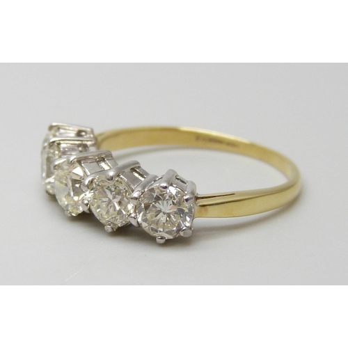 7076 - An 18ct gold five stone diamond ring, diamond weight estimated 1.50ct, stamped DIA, London hallmark,... 