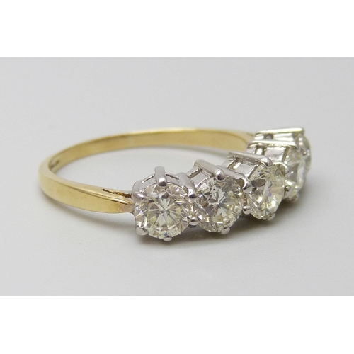 7076 - An 18ct gold five stone diamond ring, diamond weight estimated 1.50ct, stamped DIA, London hallmark,... 