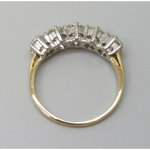 7076 - An 18ct gold five stone diamond ring, diamond weight estimated 1.50ct, stamped DIA, London hallmark,... 