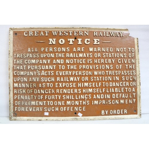 9010 - A fully titled GWR pre-grouping cast iron trespass notice sign. Missing top right hand corner past t... 