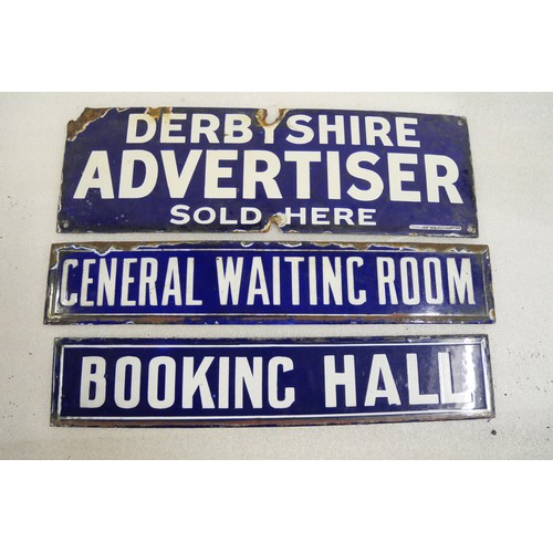 9011 - Three enamel signs. 'Booking Hall' (measures 46 x 9cm), 'General Waiting Room' (measures 48 x 9cm) a... 