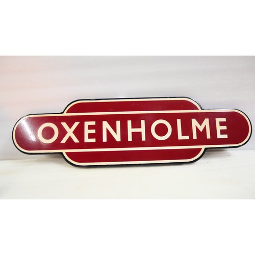 9013 - A fully flanged totem station sign BR(M) OXENHOLME. Original paint in good condition. One small pain... 