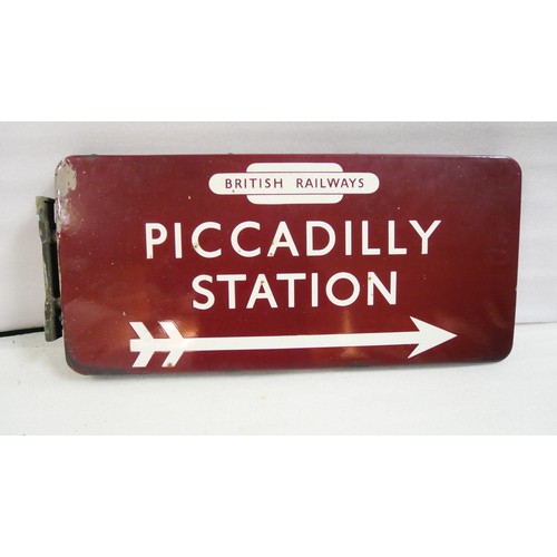 9018 - BR(M) fully flanged double-sided enamel station railway sign with British Railways totem, Piccadilly... 