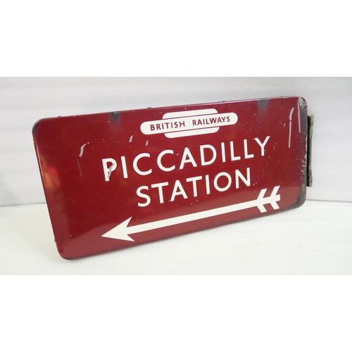 9018 - BR(M) fully flanged double-sided enamel station railway sign with British Railways totem, Piccadilly... 