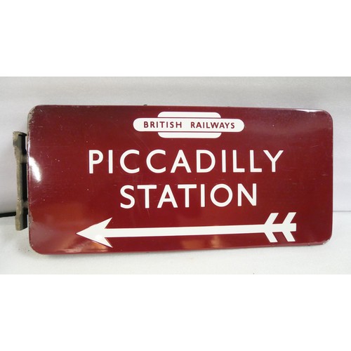 9019 - BR(M) fully flanged double-sided enamel station railway sign with British Railways totem, Piccadilly... 