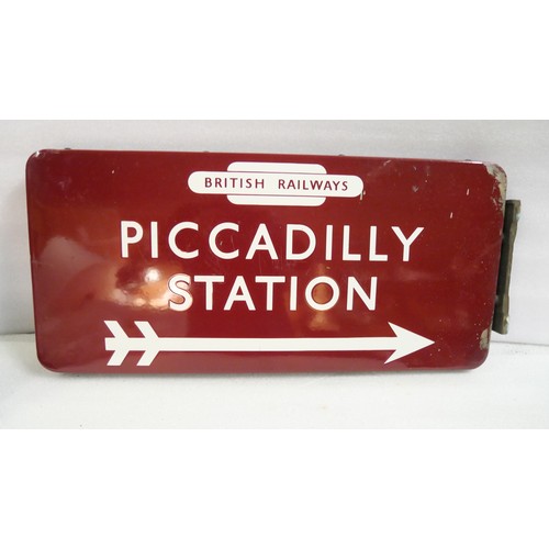 9019 - BR(M) fully flanged double-sided enamel station railway sign with British Railways totem, Piccadilly... 