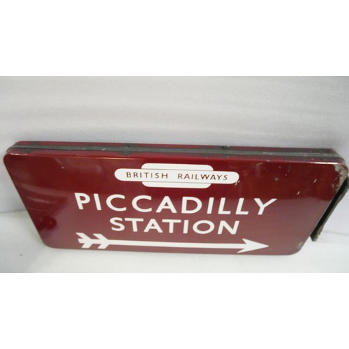 9019 - BR(M) fully flanged double-sided enamel station railway sign with British Railways totem, Piccadilly... 