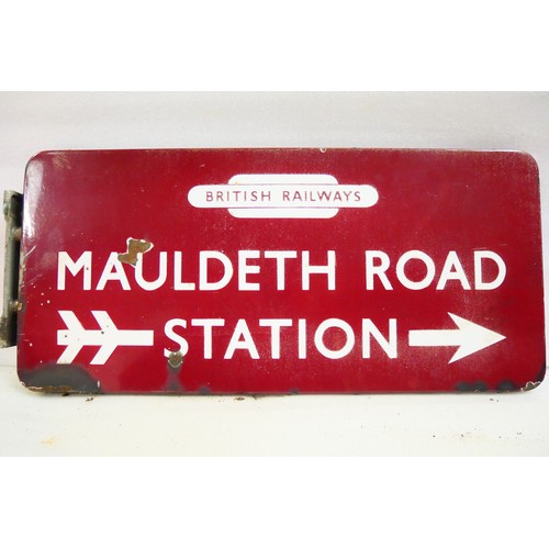 9020 - BR(M) fully flanged double-sided enamel station railway sign with British Railways totem, Mauldeth R... 