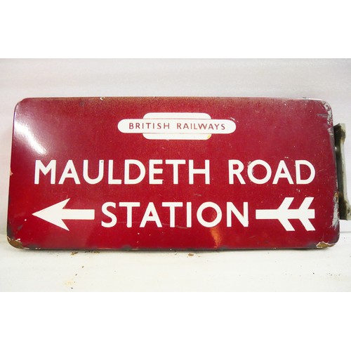 9020 - BR(M) fully flanged double-sided enamel station railway sign with British Railways totem, Mauldeth R... 