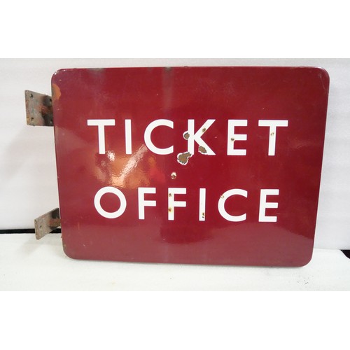 9021 - BR(M) fully flanged double-sided enamel Ticket Office station railway sign. Double sided complete wi... 