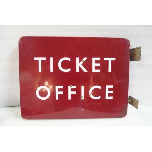 9021 - BR(M) fully flanged double-sided enamel Ticket Office station railway sign. Double sided complete wi... 