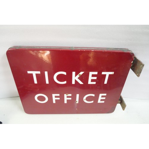 9021 - BR(M) fully flanged double-sided enamel Ticket Office station railway sign. Double sided complete wi... 