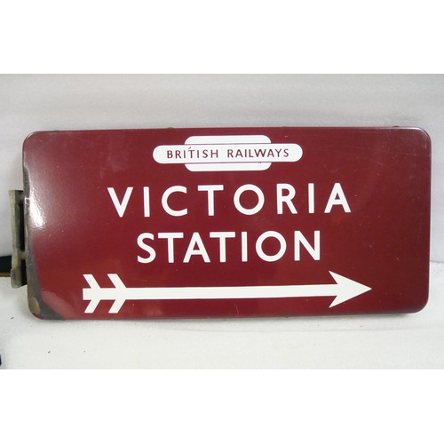 9022 - BR(M) fully flanged double-sided enamel station railway sign with British Railways totem, Victoria S... 