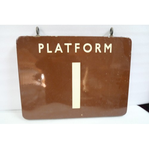 9023 - BR(W) fully flanged double-sided enamel station 'Platform 1' railway sign. Two orignal hanging loops... 