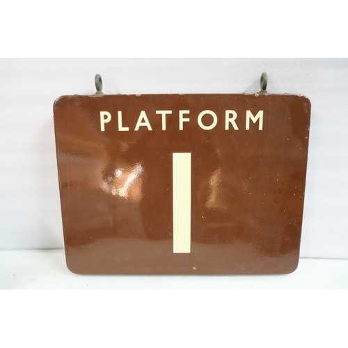 9023 - BR(W) fully flanged double-sided enamel station 'Platform 1' railway sign. Two orignal hanging loops... 