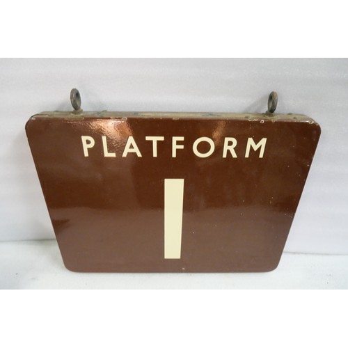 9023 - BR(W) fully flanged double-sided enamel station 'Platform 1' railway sign. Two orignal hanging loops... 