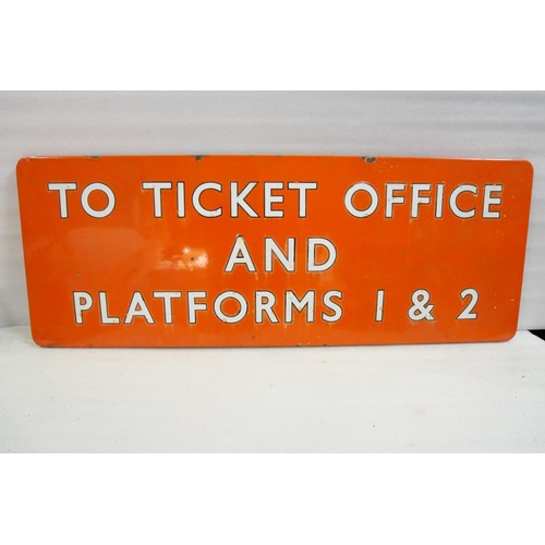 9027 - BR(NE) fully flanged enamel station railway sign TO TICKET OFFICE AND PLATFORMS 1 & 2. Measures 46 x... 