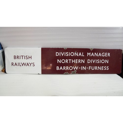 9028 - A large BR(M) fully flanged enamel railway sign inscribed BRITISH RAILWAYS and DIVISIONAL MANAGER NO... 