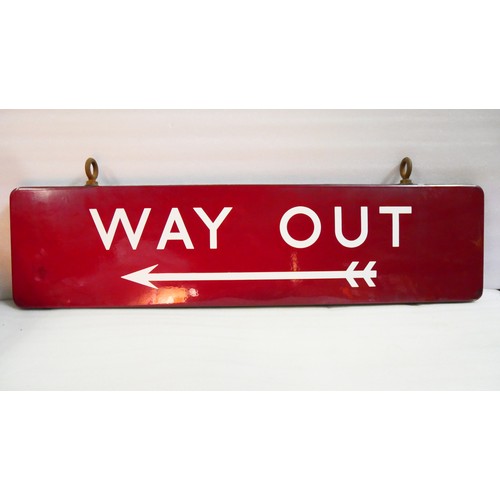 9029 - BR(M) fully flanged double-sided enamel station railway sign  with hanging loops. Inscribed WAY OUT ... 