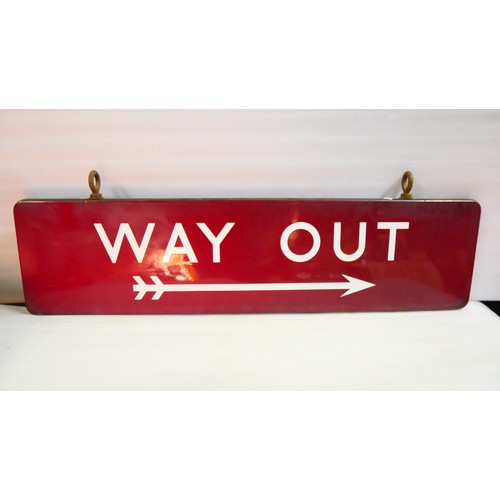 9029 - BR(M) fully flanged double-sided enamel station railway sign  with hanging loops. Inscribed WAY OUT ... 