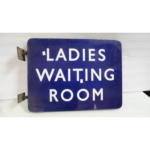 9030 - BR(E) fully flanged enamel station railway sign LADIES WAITING ROOM. Double sided complete with orig... 