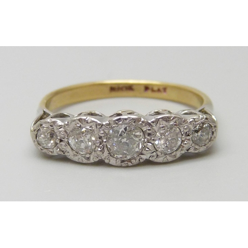 7094 - An 18ct gold and platinum five stone diamond ring, 3.4g, M