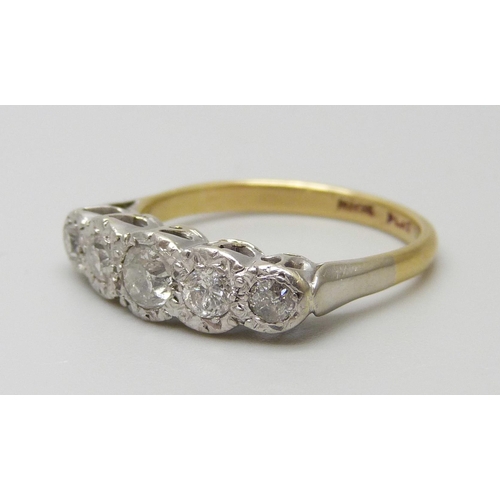 7094 - An 18ct gold and platinum five stone diamond ring, 3.4g, M