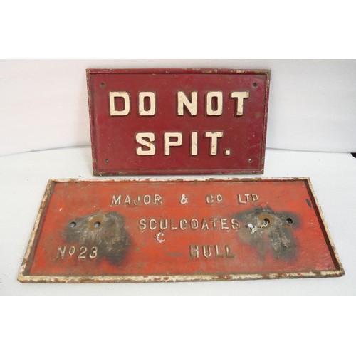 9042 - Two cast iron signs, DO NOT SPIT (measures 24 x 41cm HxW) and a red and white painted cast iron sign... 