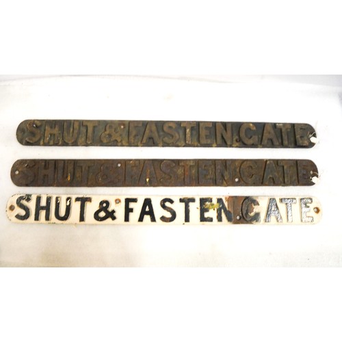 9054 - Three cast iron railway signs SHUT AND FASTEN THE GATE, Two with labels detailing the location from ... 