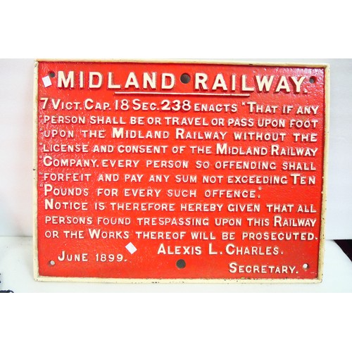 9055 - A Midland Railway cast iron railway sign detailing penalties for trespass or travel on the railway w... 