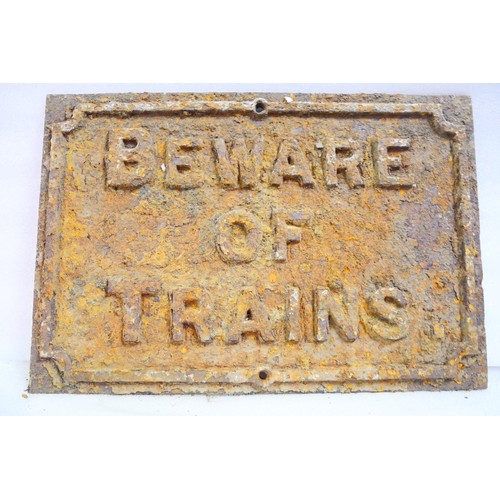 9056 - A Midland Railway cast iron sign BEWARE OF TRAINS. Surface corrosion but complete. 28 x 56cm HxW. To... 